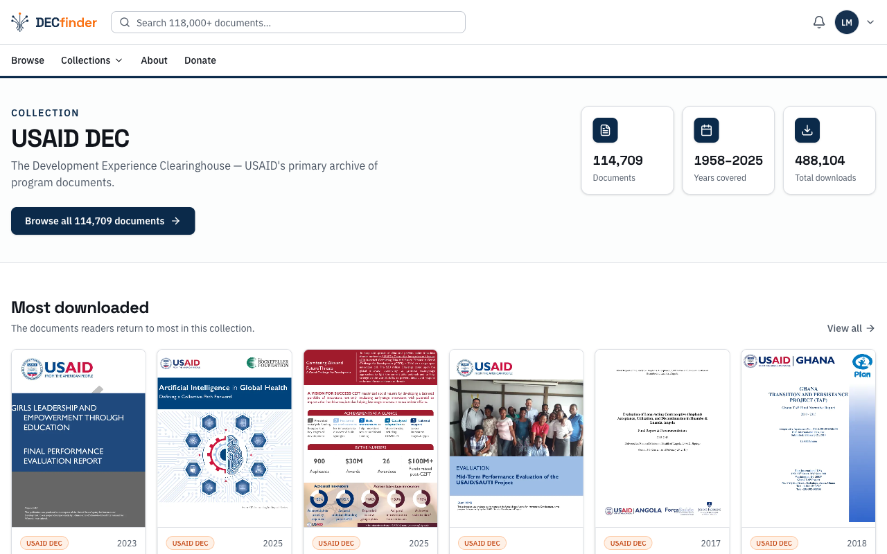 The USAID DEC collection on DECfinder — stats and most-downloaded documents